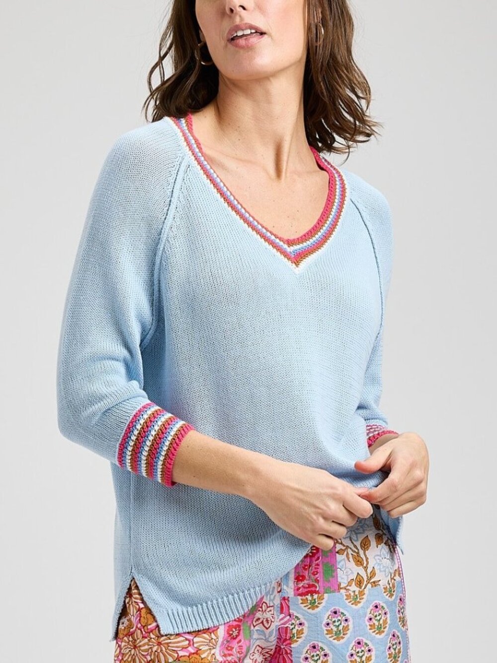 Zaket & Plover Light Blue V-Neck Sweater Crochet Trim Size M
